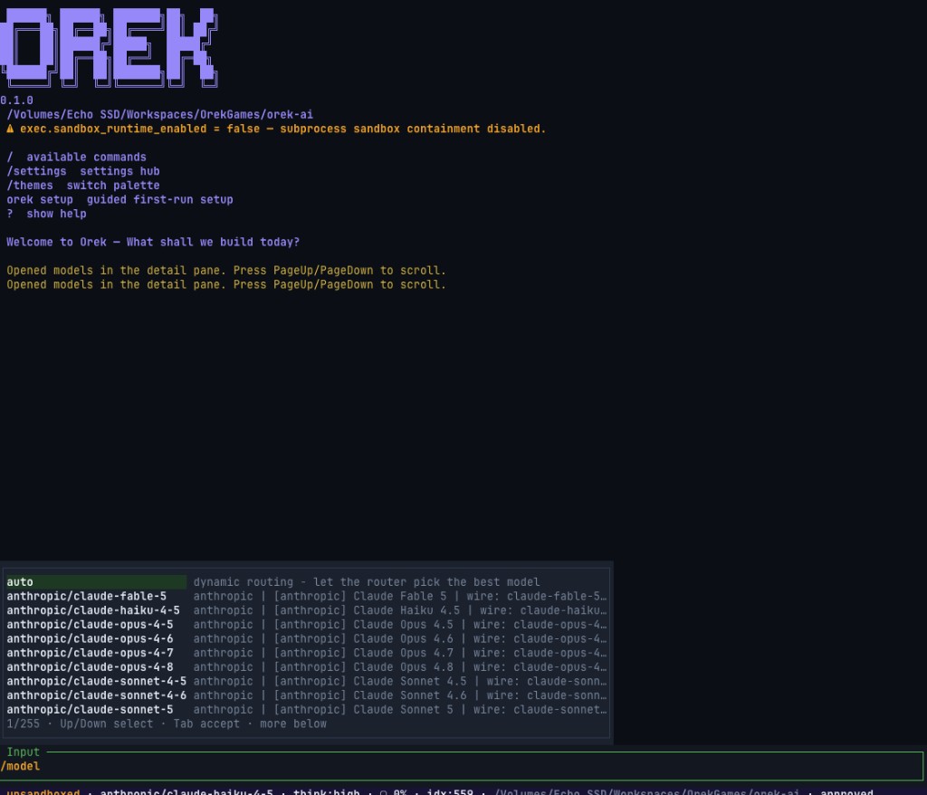 Orek model picker listing automatic routing and available Anthropic models