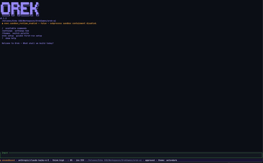 Orek terminal workspace showing its project-aware agent interface